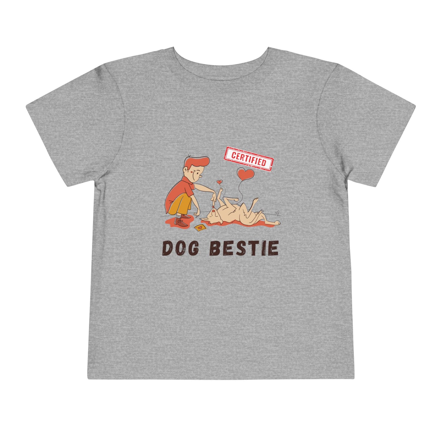 Gray toddler t-shirt with cartoon graphic and a boy and his dog with 'Dog Bestie' text