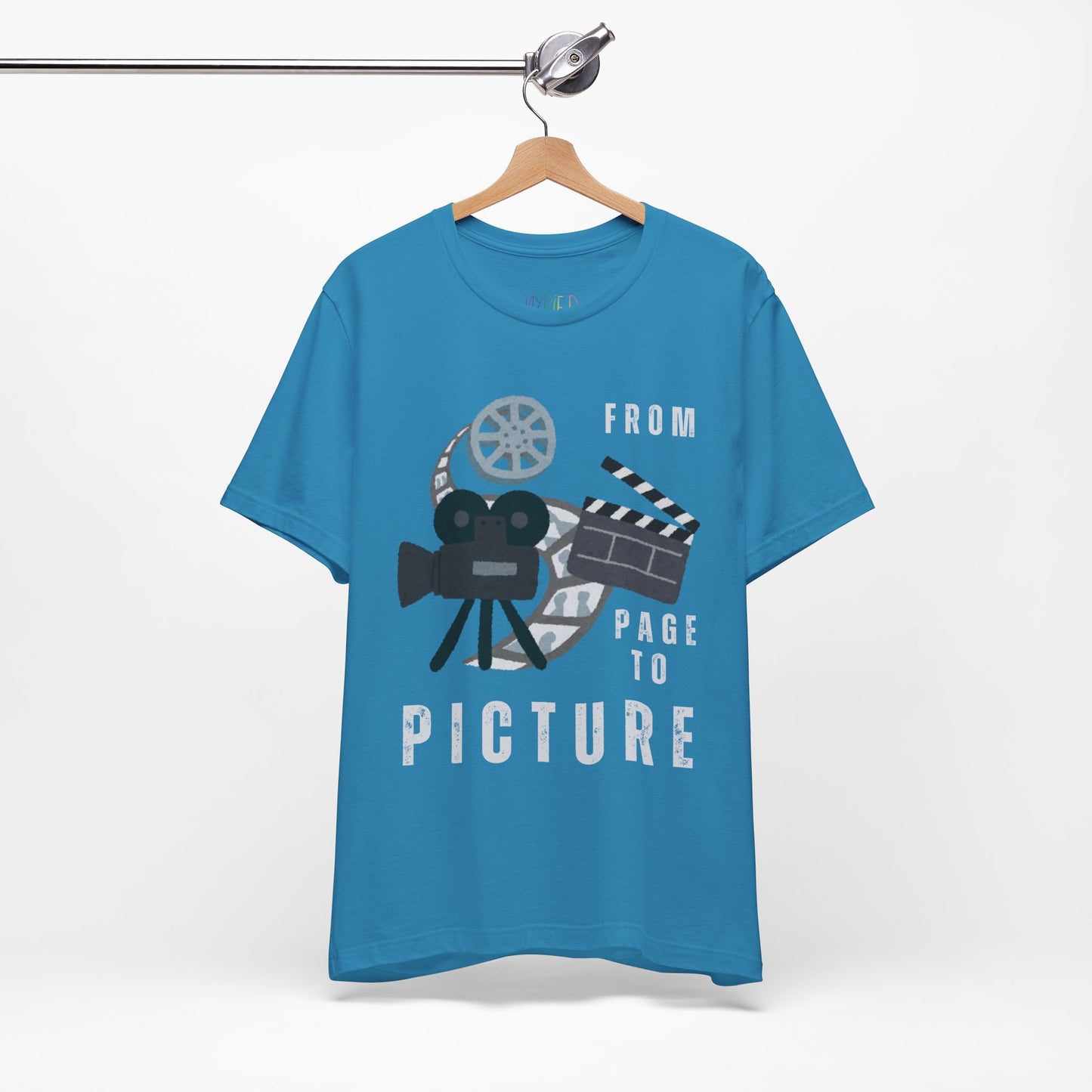 Turquoise t-shirt with movie-themed graphic and text 'From Page to Picture' 
