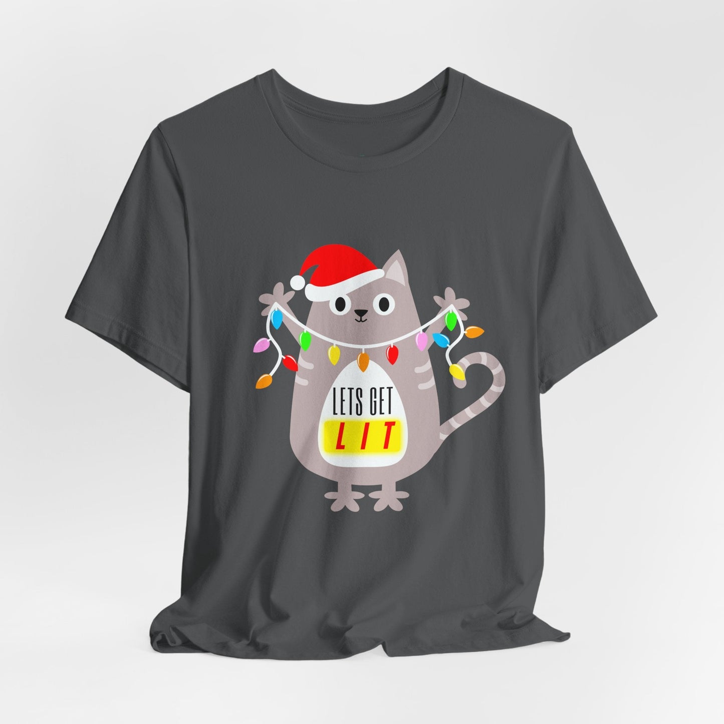Teen/Adult Unisex Letâ€™s Get Lit T-Shirt â€“ Festive Cat Christmas Lights Design Printify