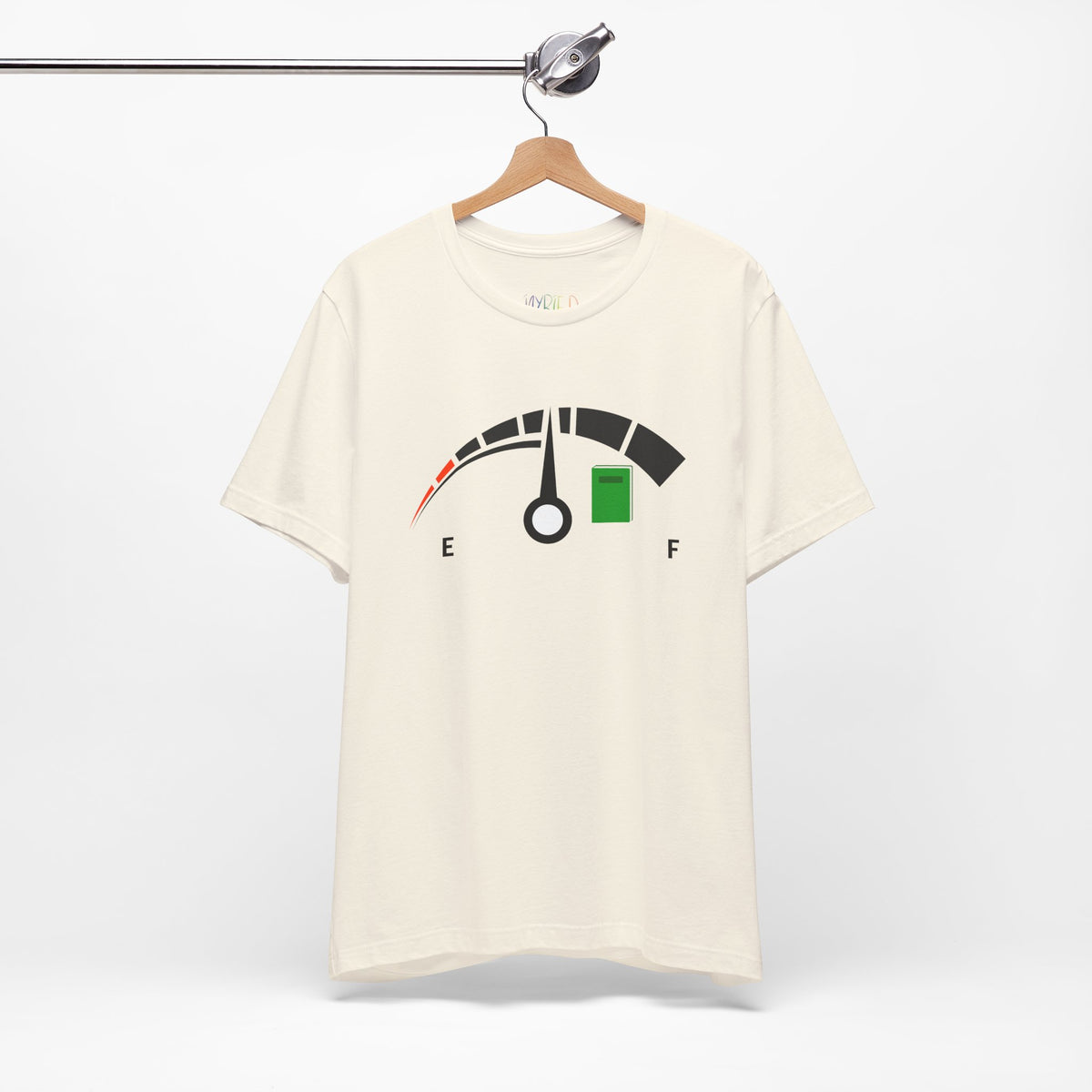 Cream/ivory/natural t-shirt of a fuel gage ranging from empty to full with a book near the full.