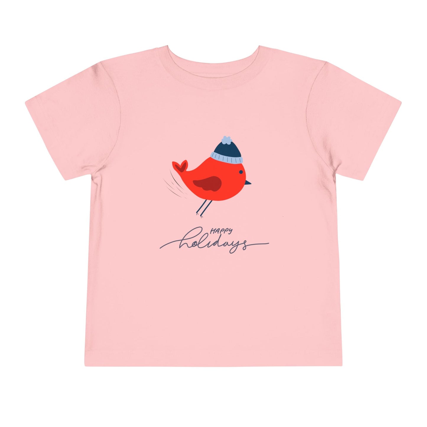 Pink toddler t-shirt with a red robin bird graphic wearing a winter hat and 'Happy Holidays' text on a white background