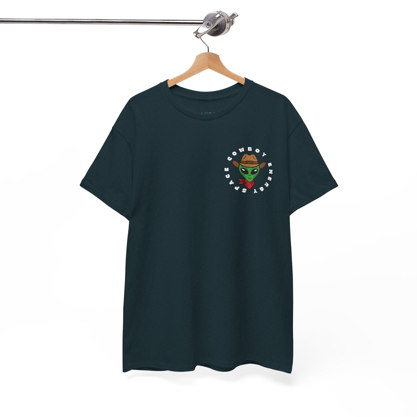 Midnight blue t-shirt with a small space cowboy alien in the top corner, circled by text 'Space Cowboy Energy' 