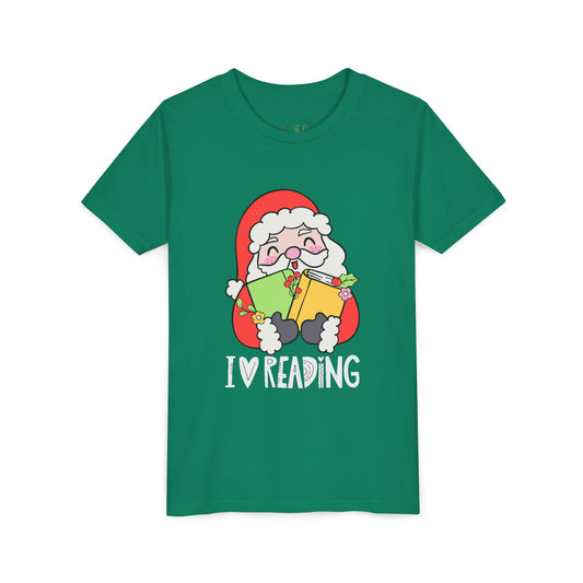 Green t-shirt with a cartoon Santa Claus holding books and 'I love reading' text on a white background