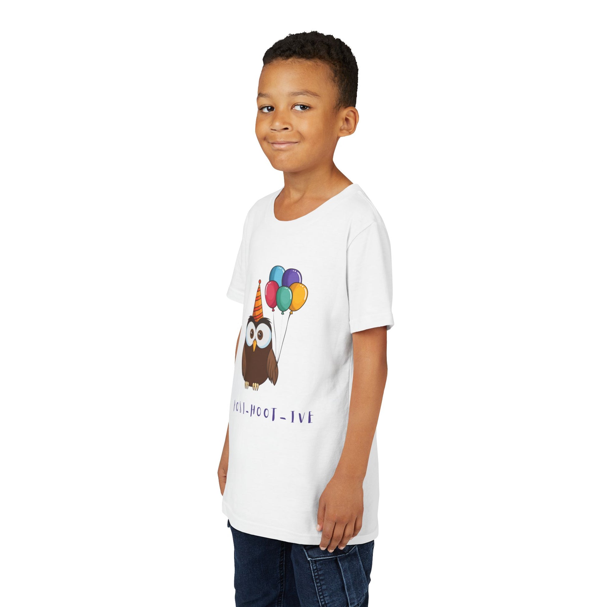 Boy wearing a white t-shirt with an owl wearing a party hat and balloons, and the text 'POST-HOOT-IVE' 