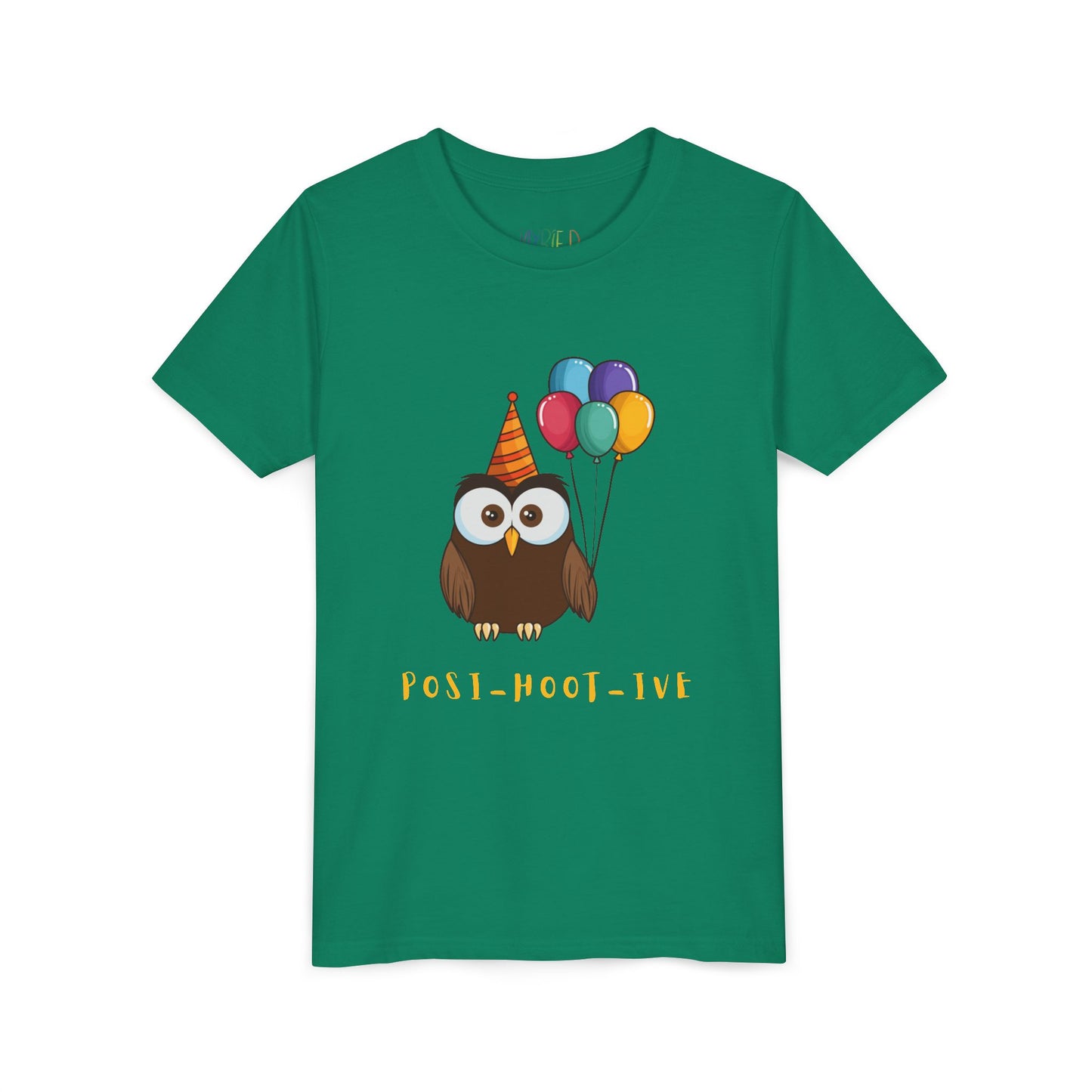 Green t-shirt with an owl wearing a party hat and balloons, and the text 'POST-HOOT-IVE' 