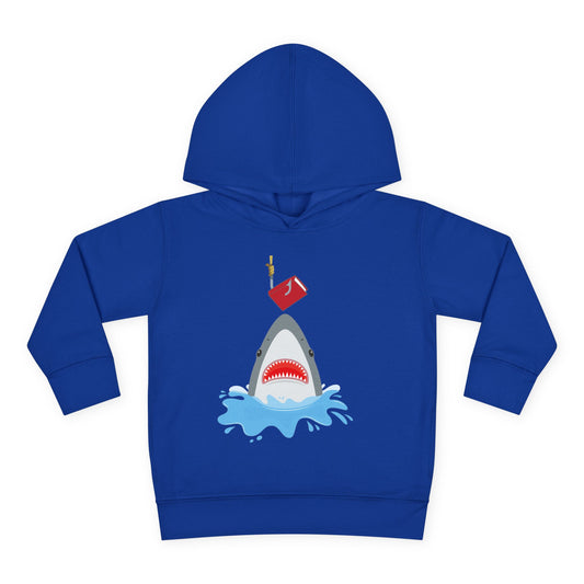 Blue toddler hoodie with a shark graphic jumping out of the water to catch a red book on a hook