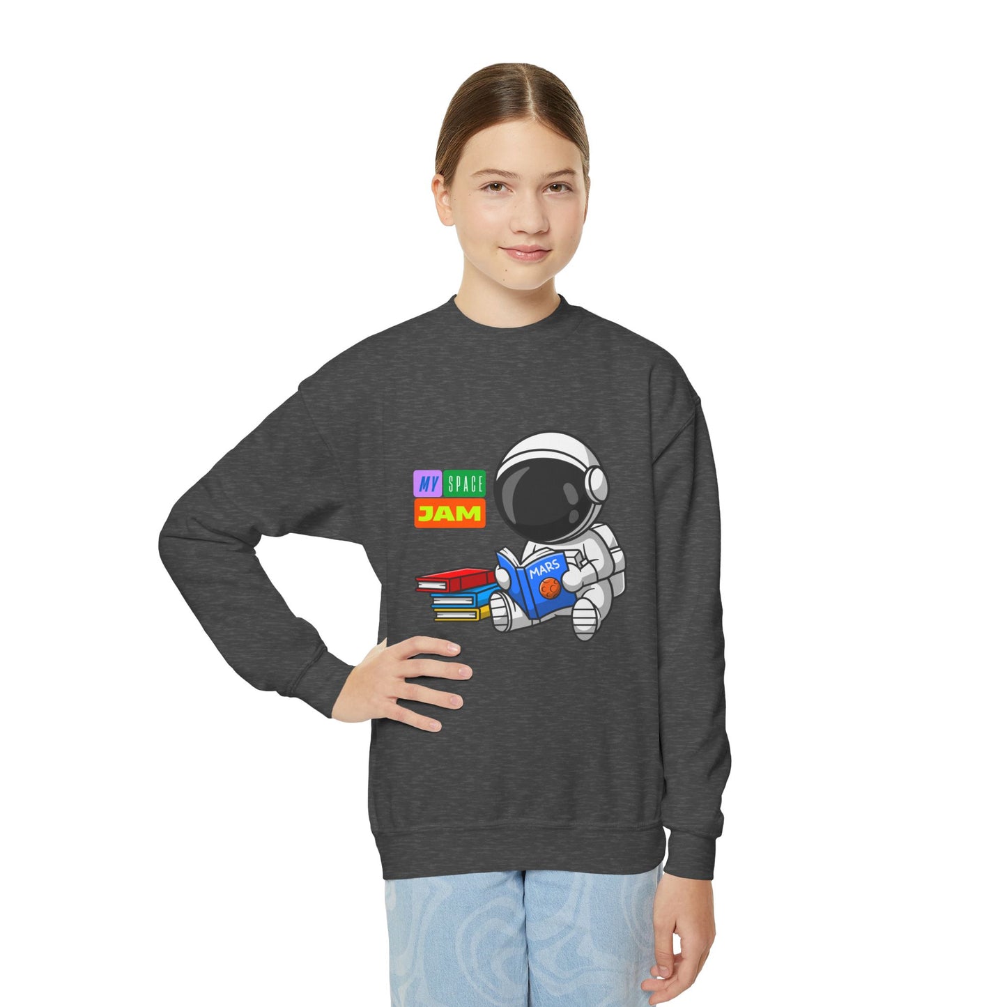 Girl wearing a dark gray sweatshirt with an astronaut reading a book and text 'my space jam'