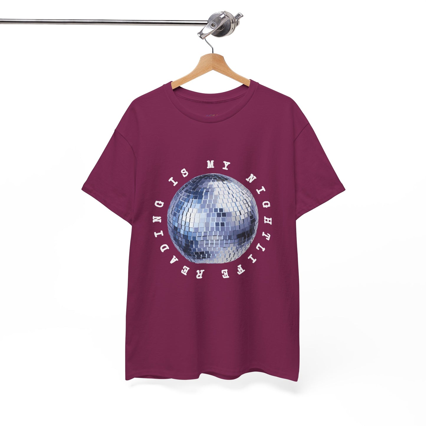 Maroon t-shirt with a disco ball graphic and text 'Reading Is My Nightlife'