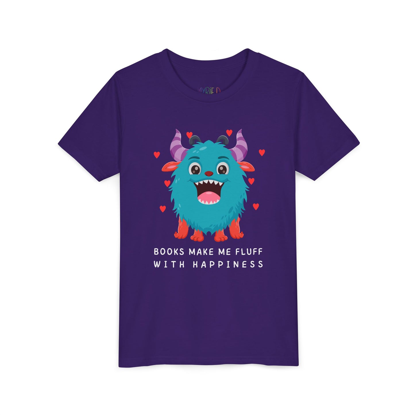 Purple t-shirt with a joyful cartoon monster surrounded by hearts and text 'Books Make Me Fluff With Happiness'