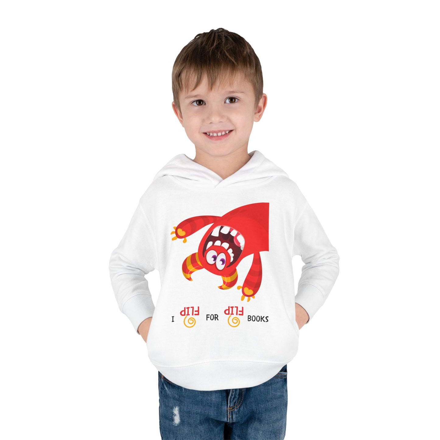 Boy wearing a white hoodie with an upside down monster and playful text 'I FLIP for FLIP books'