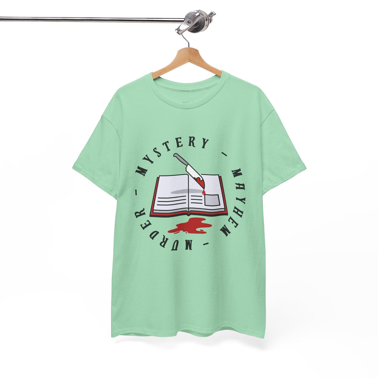 Light green t-shirt with an open book, bloody knife and circular text 'Murder - Mystery - Mayhem'