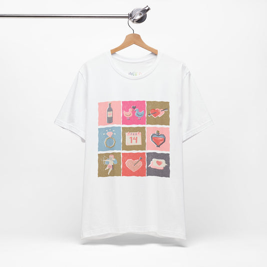 White t-shirt with colorful graphic design of Valentine's Day images stacked in blocks