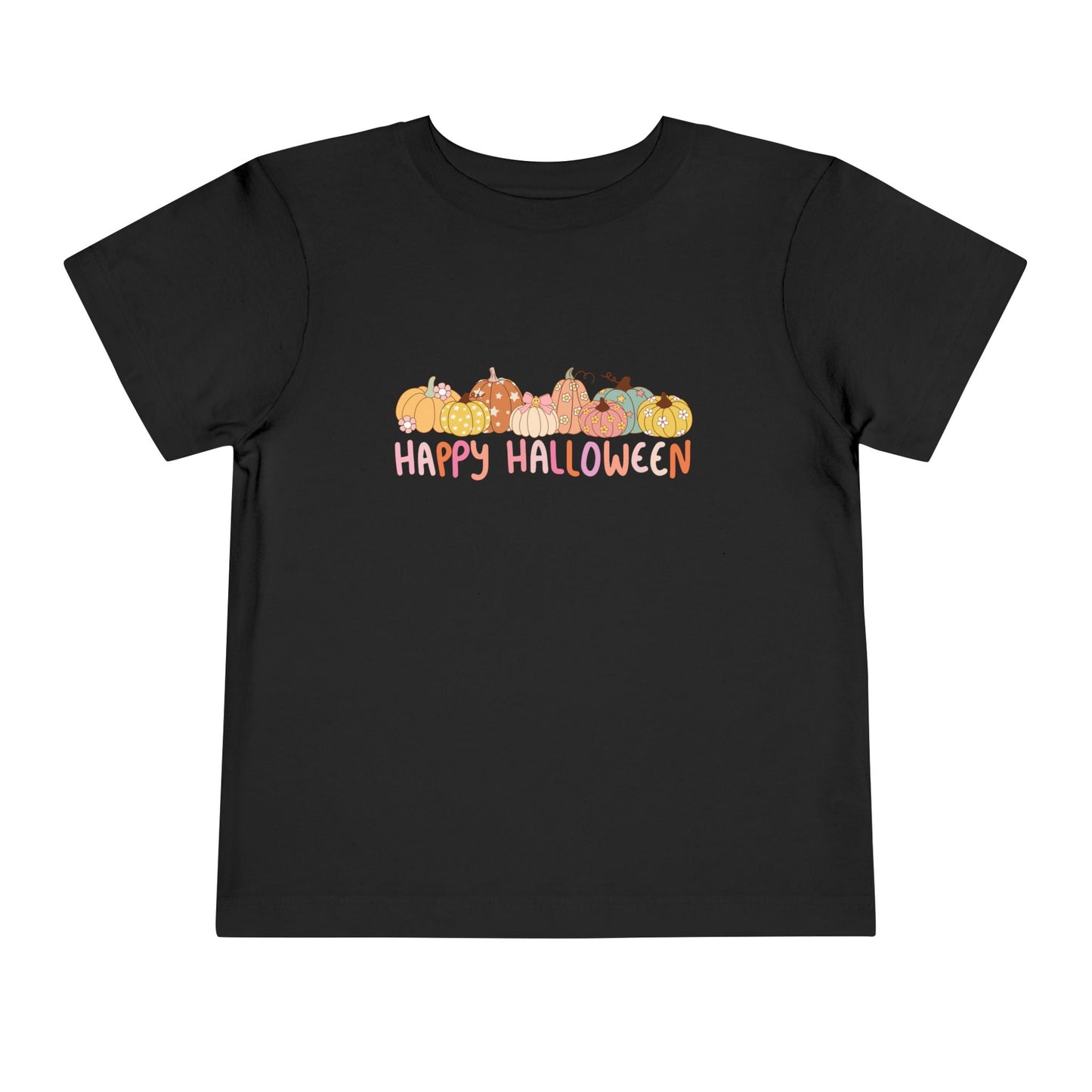 Black t-shirt with colorful pumpkins and 'Happy Halloween' text on a white background