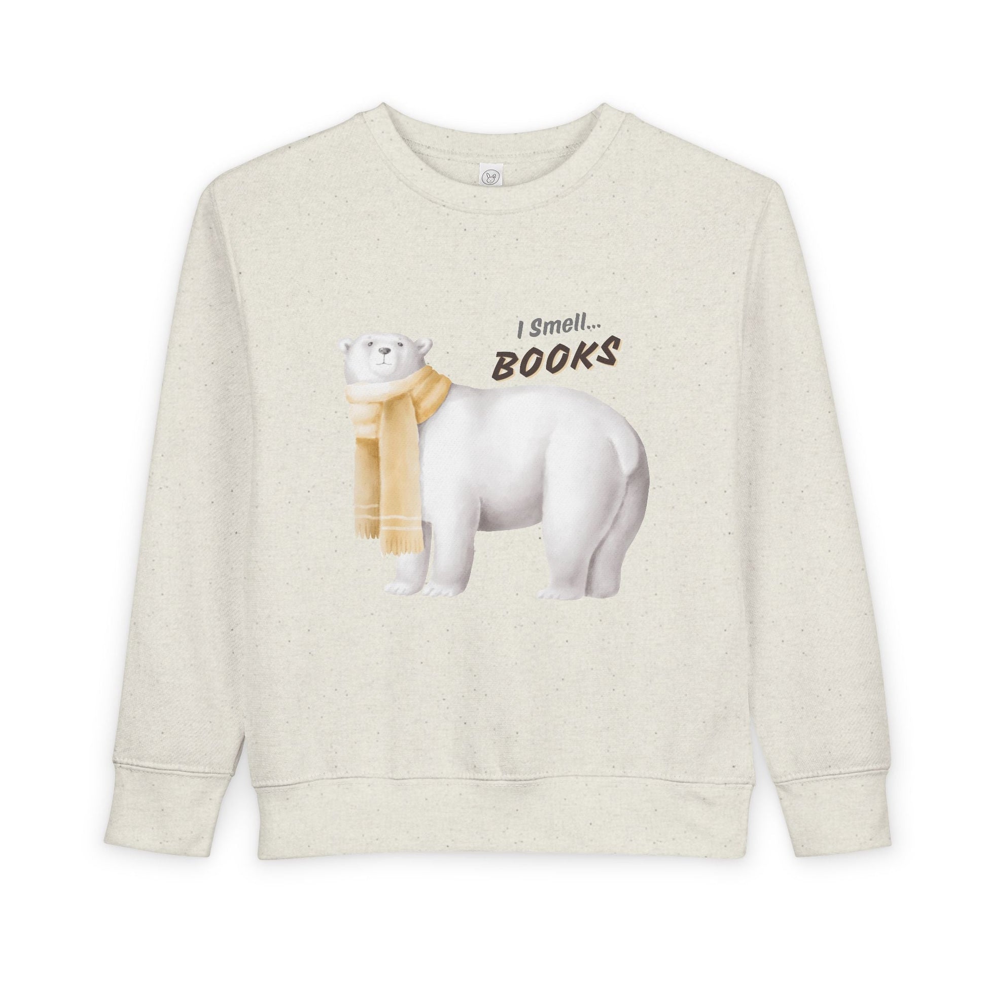 Beige toddler sweatshirt with a polar bear graphic and 'I smell... books' text on a white background