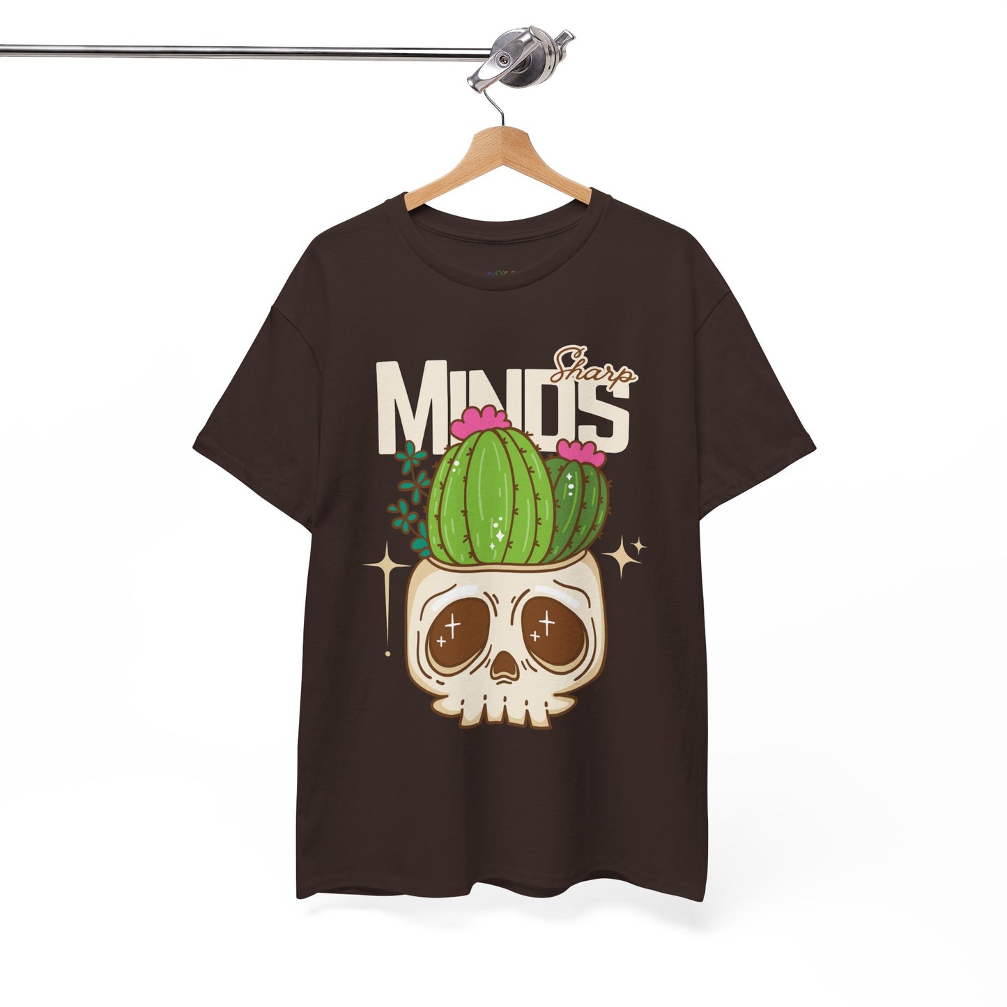 Brown t-shirt with an image of a cactus growing out of a skull and text 'Sharp Minds'