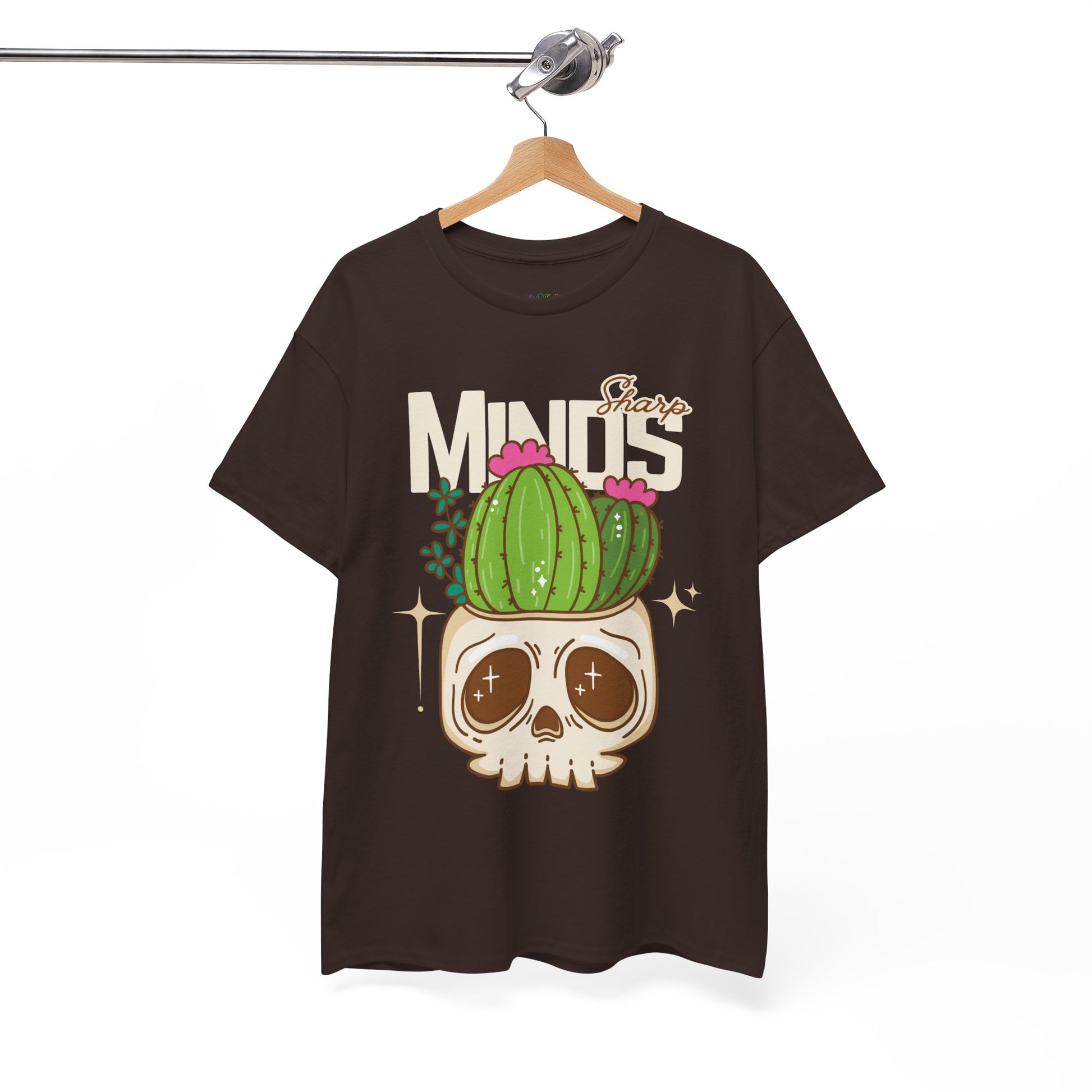 Brown t-shirt with an image of a cactus growing out of a skull and text 'Sharp Minds'