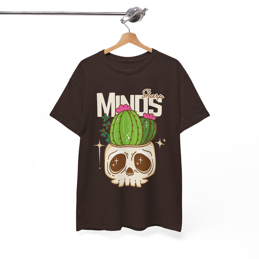 Brown t-shirt with an image of a cactus growing out of a skull and text 'Sharp Minds'