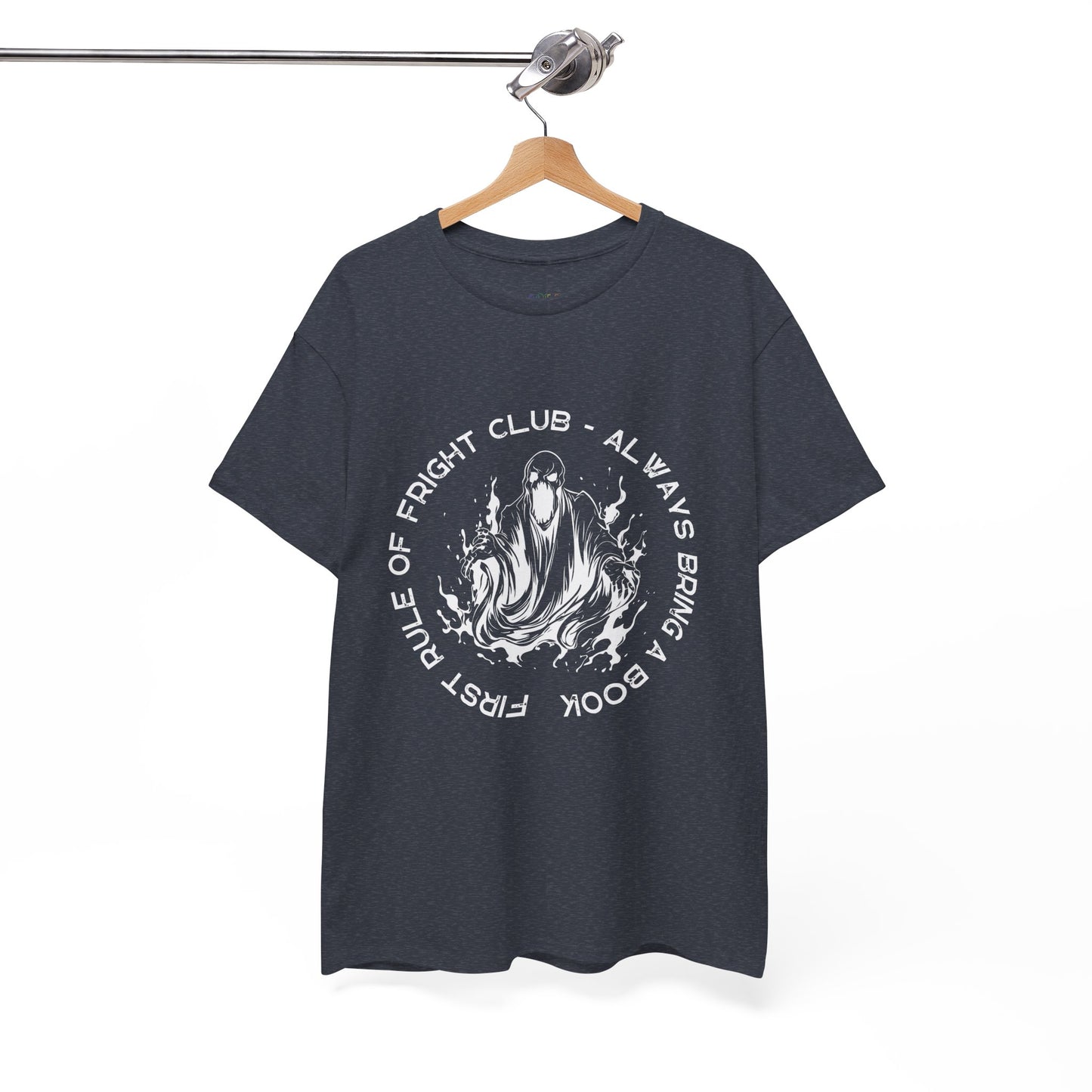 Heather navy t-shirt with a white screaming ghoul and white circular text 'First Rule of Fright Club - Always Bring a Book'