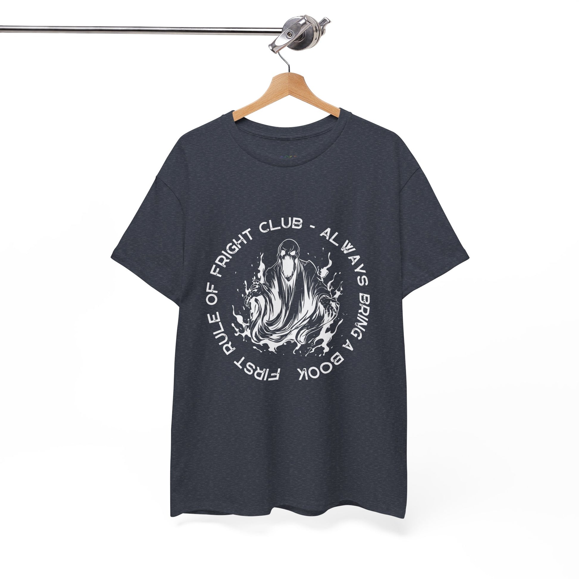 Heather navy t-shirt with a white screaming ghoul and white circular text 'First Rule of Fright Club - Always Bring a Book'