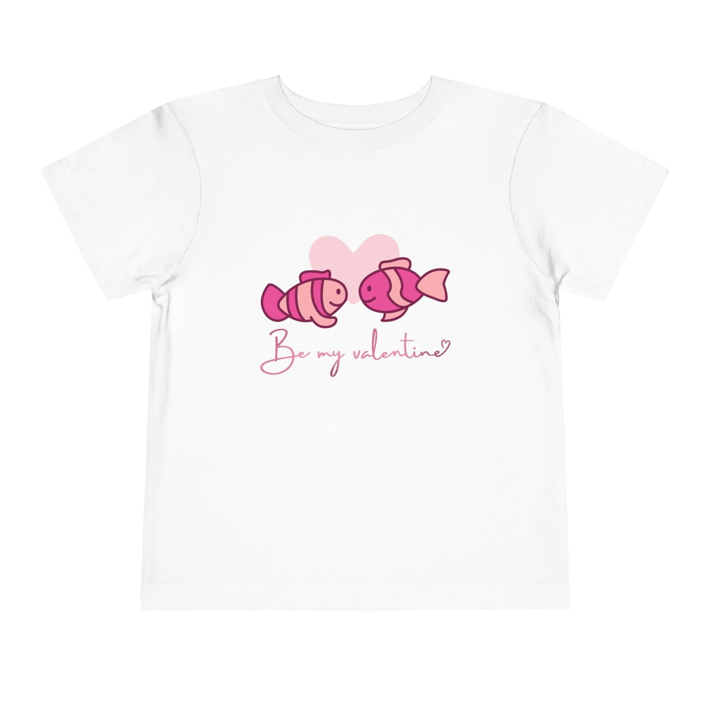 White toddler t-shirt with two pink fish, a heart and 'Be My Valentine' text 