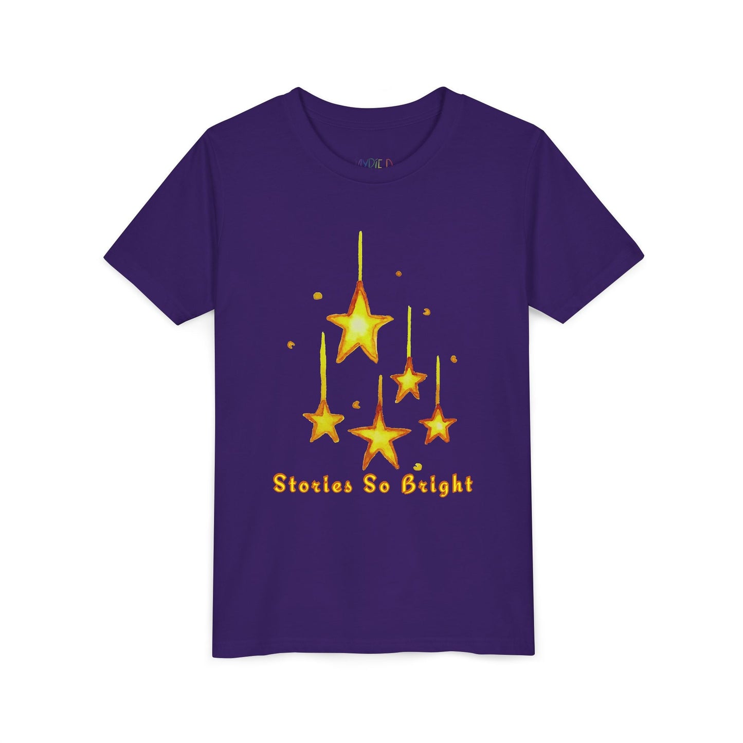 Purple youth t-shirt with yellow star design and 'Stories So Bright' text on a white background
