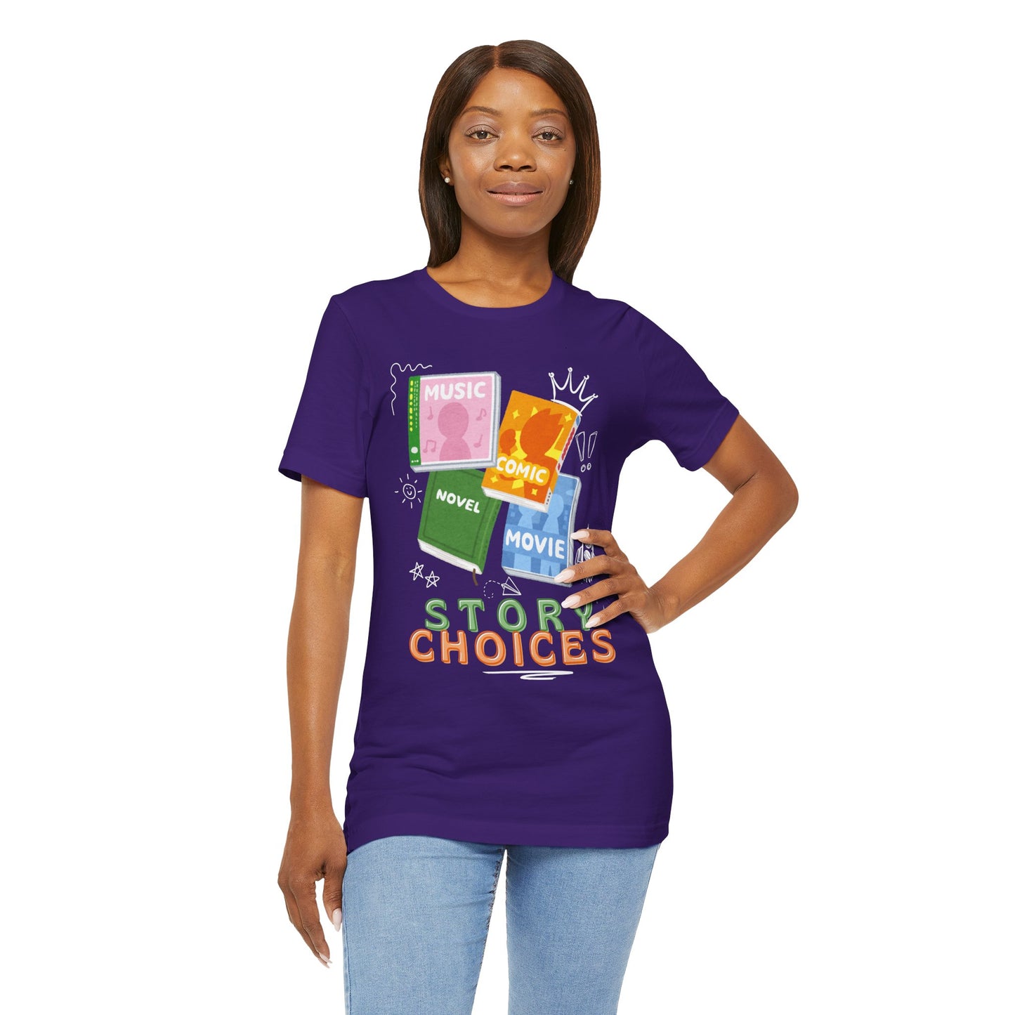Woman wearing a purple t-shirt with different kinds of audio and visual media, surrounded by doodles and text 'Story Choices' 