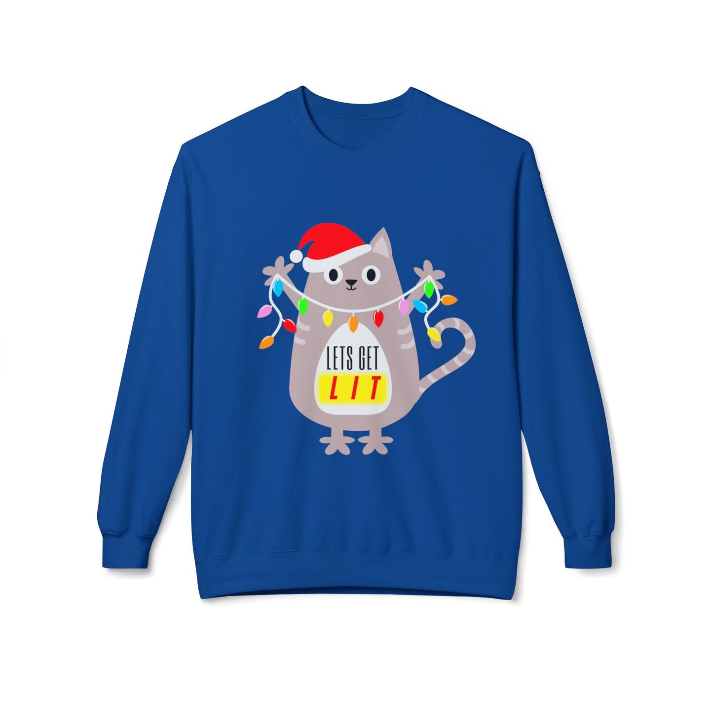 Teen/Adult Unisex Letâ€™s Get Lit Cat Sweatshirt â€“ Festive Holiday Lights Kitty Design Printify