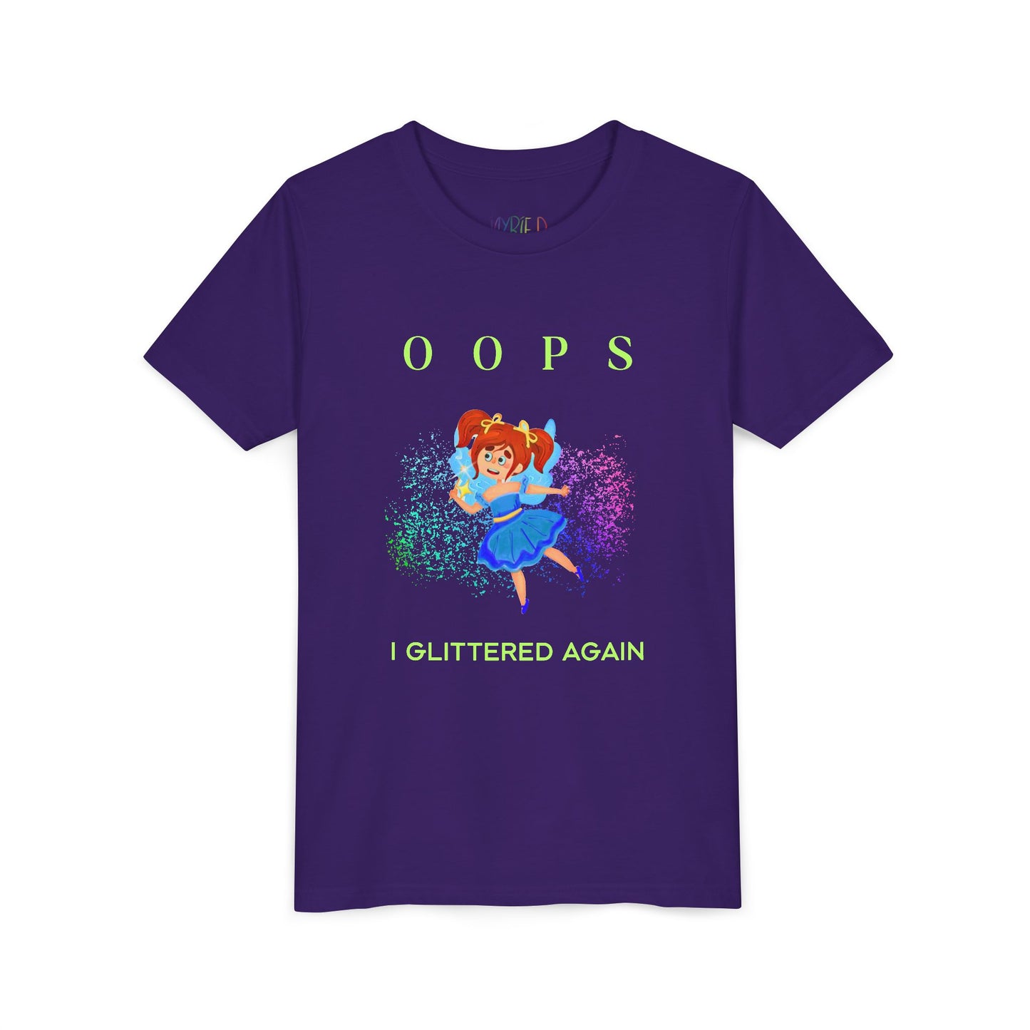 Purple t-shirt with a fairy, glitter and text 'OOPS I GLITTERED AGAIN'
