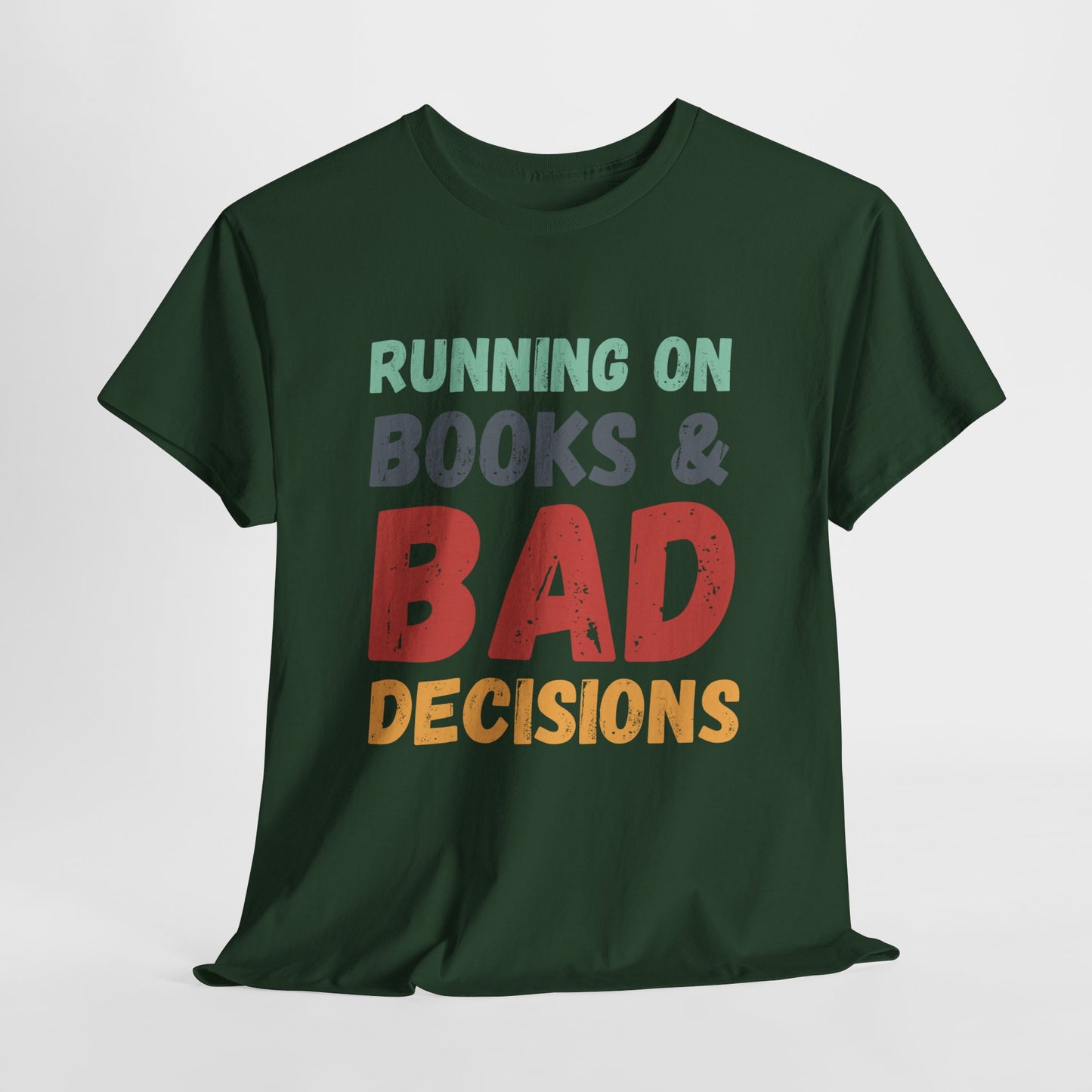 Teen/Adult Unisex Running on Books & Bad Decisions Tee – Funny Retro Reader Shirt for Book Addicts
