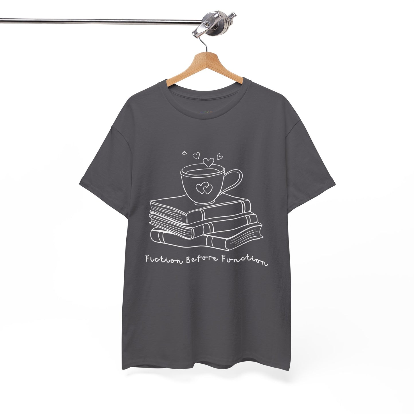 Gray t-shirt with white graphic design of hot beverage and a stack of books, text 'Fiction Before Function' 
