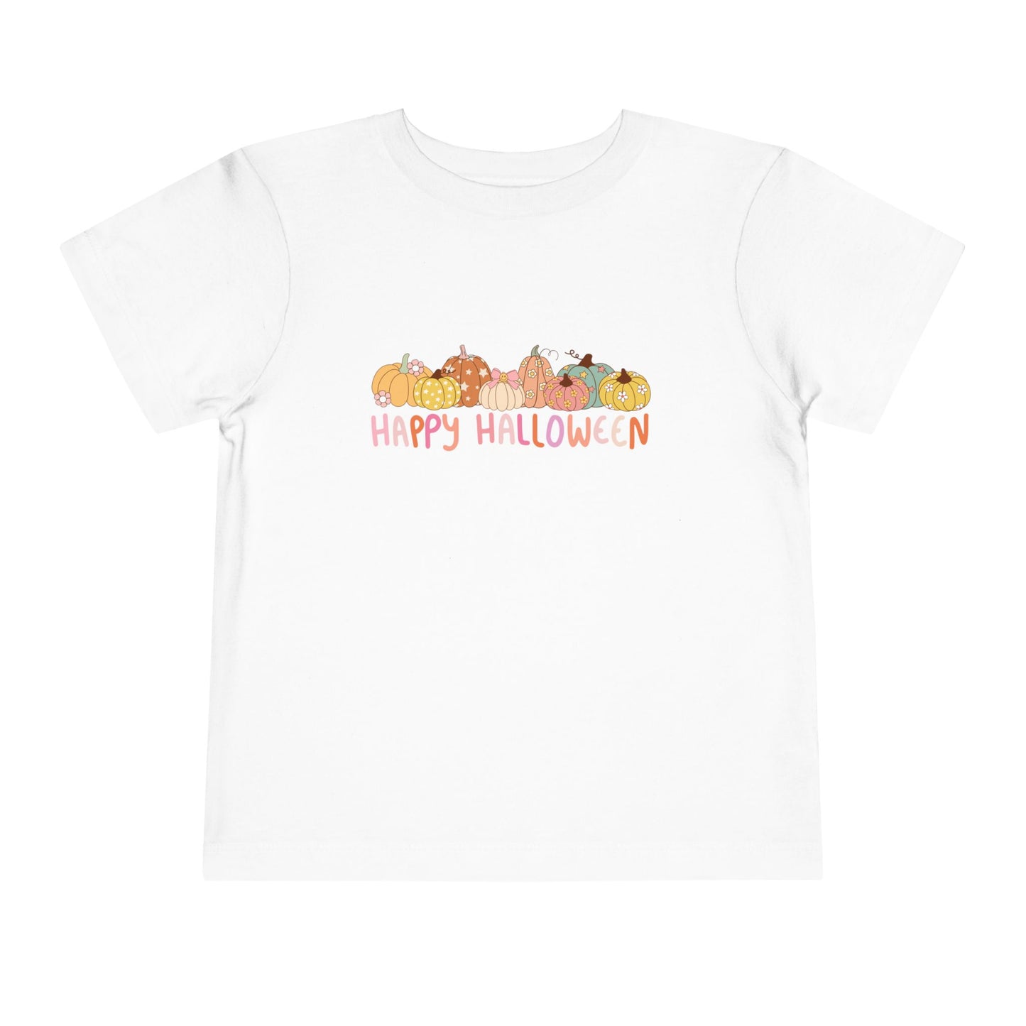 White t-shirt with 'Happy Halloween' and pumpkin design on a white background