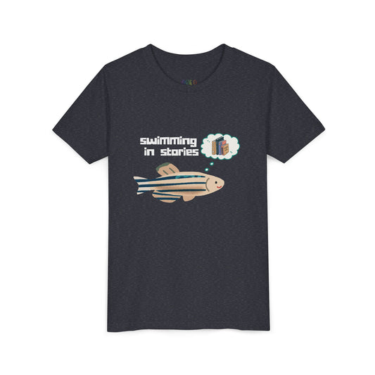 Navy blue t-shirt with a fish graphic and text 'swimming in stories' 