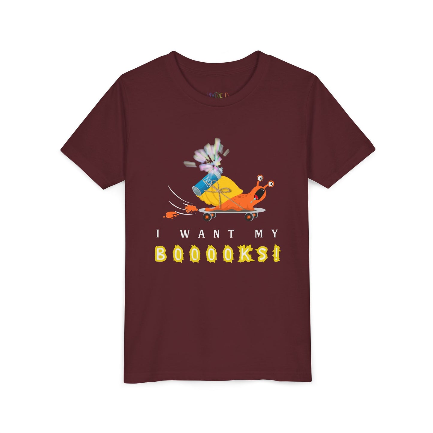 Youth I Want My BOOOOKS! Tee – Snail-Powered Speed Reader Shirt for Kids
