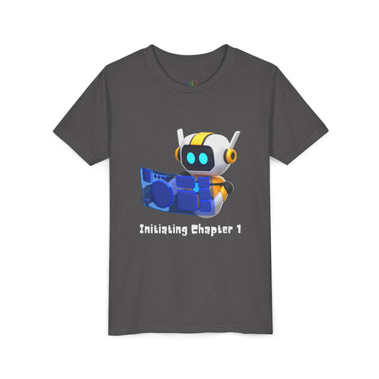 Youth Initiating Chapter 1 Tee – Robot Reading Adventure Shirt, A fun first chapter for future book lovers and digital dreamers alike.