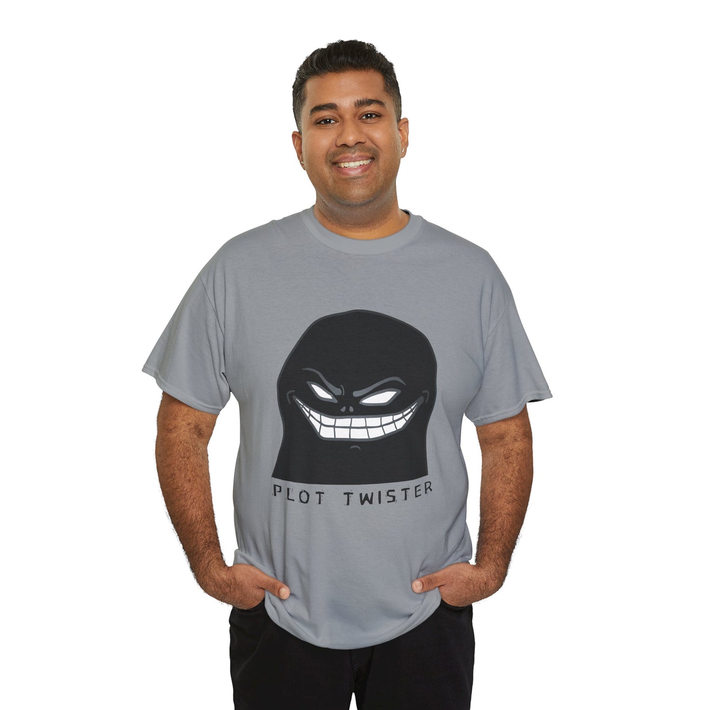 Man wearing a gray t-shirt with a sinister character and text 'Plot Twister' on a hanger against a white background