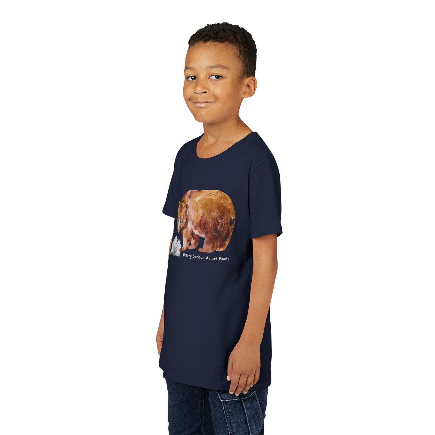 Boy wearing a navy blue t-shirt with a monacle wearing bear reading a book and text 'bear-y serious about books'