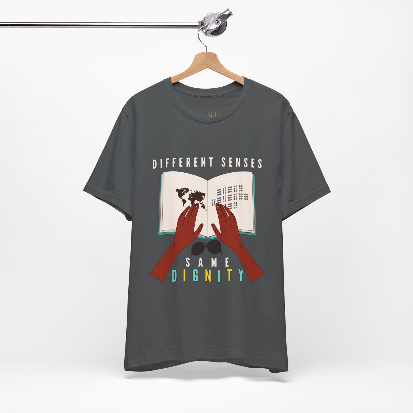 Gray t-shirt with graphic of two hands touching a braille book and text 'Different Senses, Same Dignity'