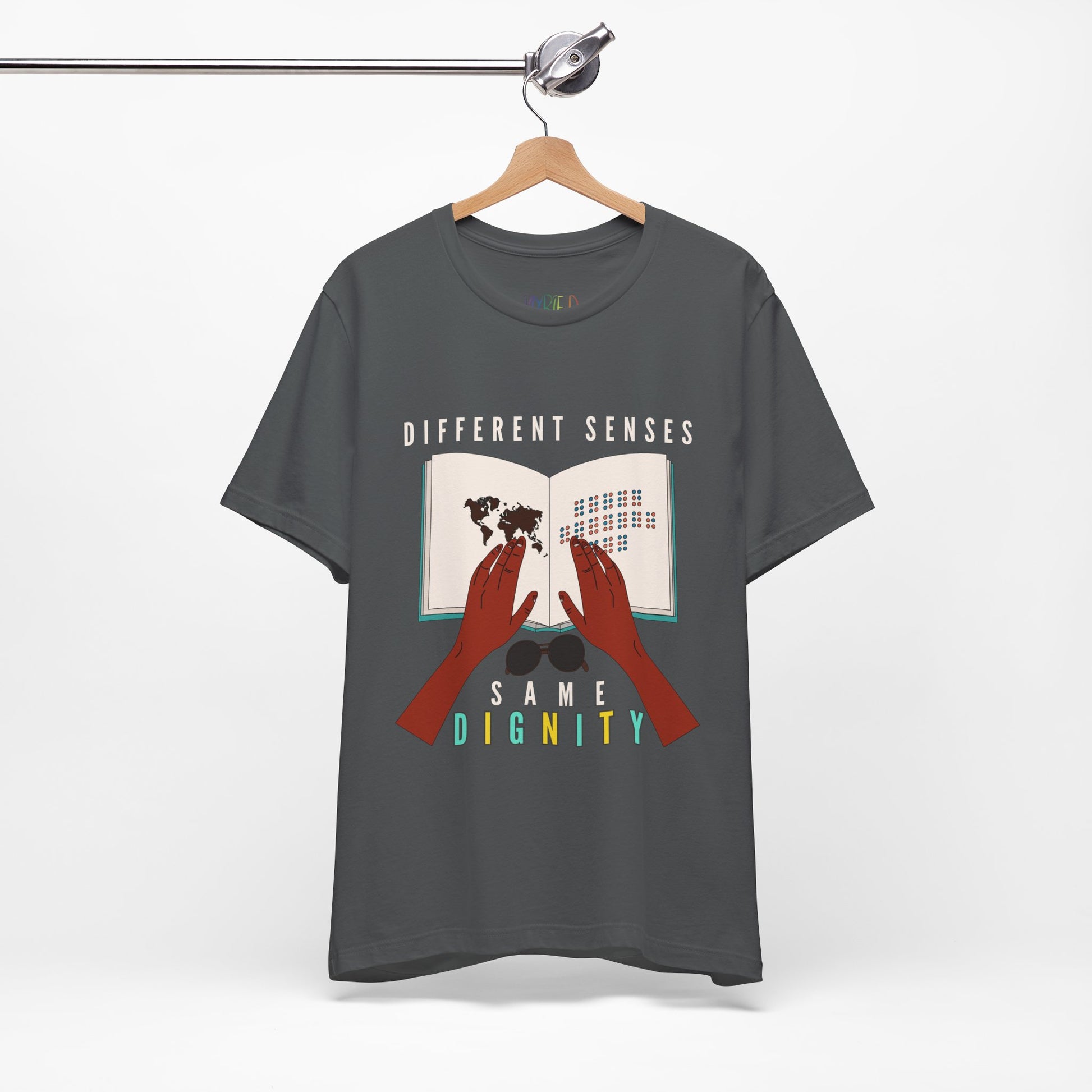 Gray t-shirt with graphic of two hands touching a braille book and text 'Different Senses, Same Dignity'