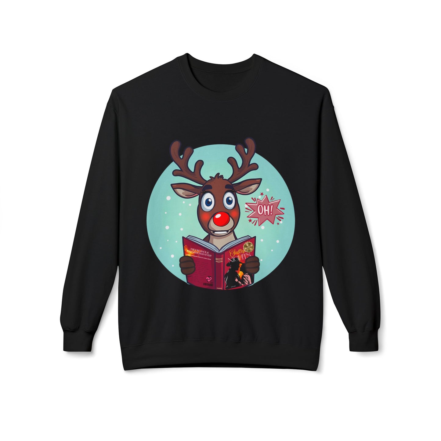 Black sweatshirt with a wide eyed Rudolph reading a spicy book written by S. Claus