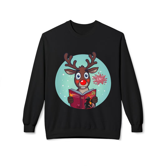 Black sweatshirt with a wide eyed Rudolph reading a spicy book written by S. Claus
