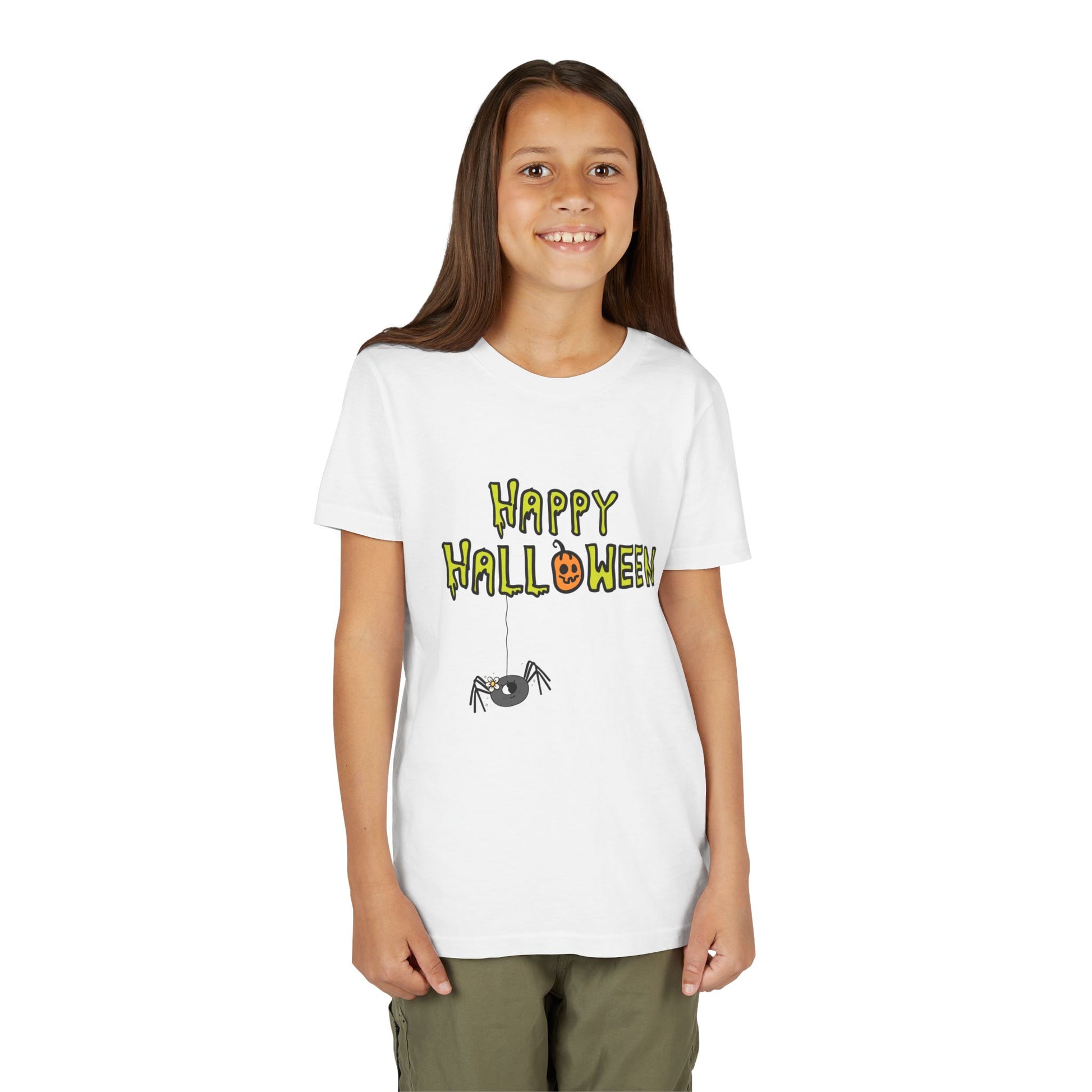 Girl wearing a white t-shirt with creepy 'Happy Halloween' text and dangling spider