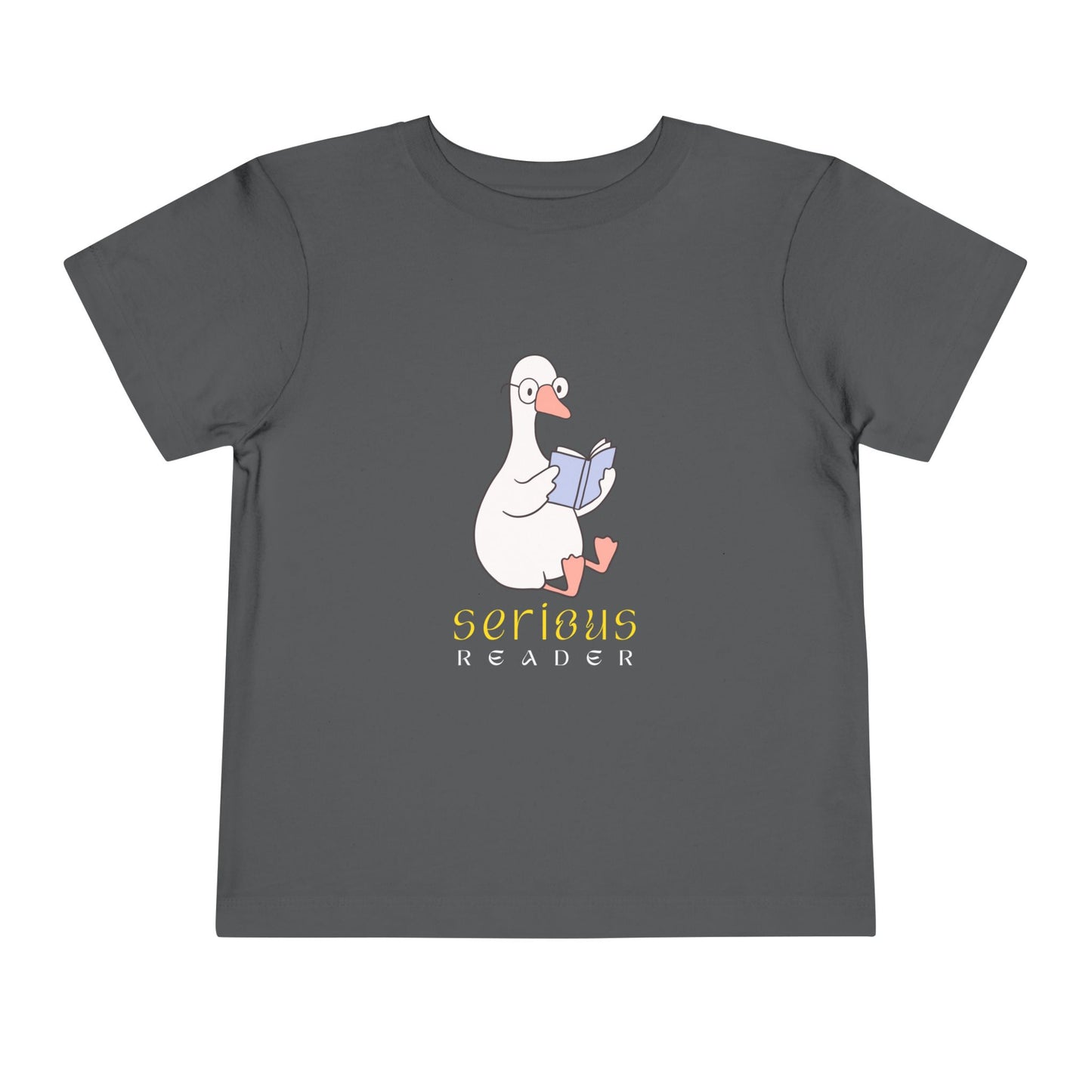 Gray t-shirt with a cartoon duck or goose reading a book and 'Serious Reader' text 