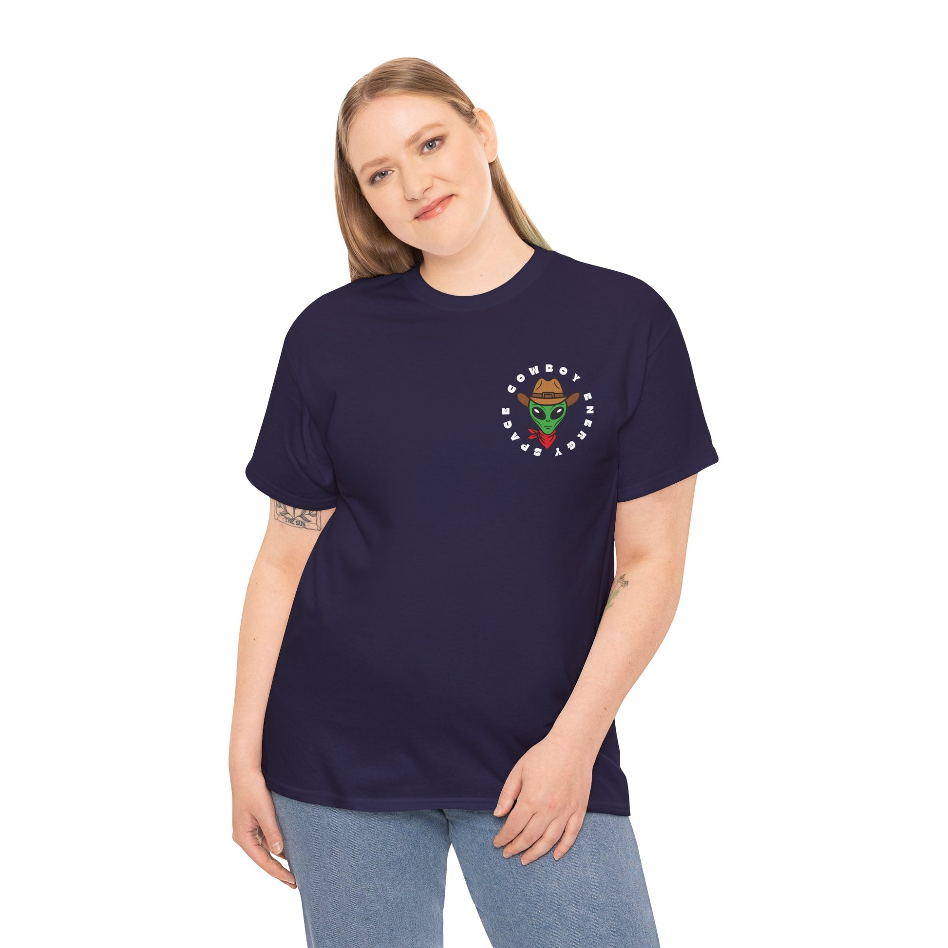 Woman wearing a blackberry t-shirt with a small space cowboy alien in the top corner, circled by text 'Space Cowboy Energy' 