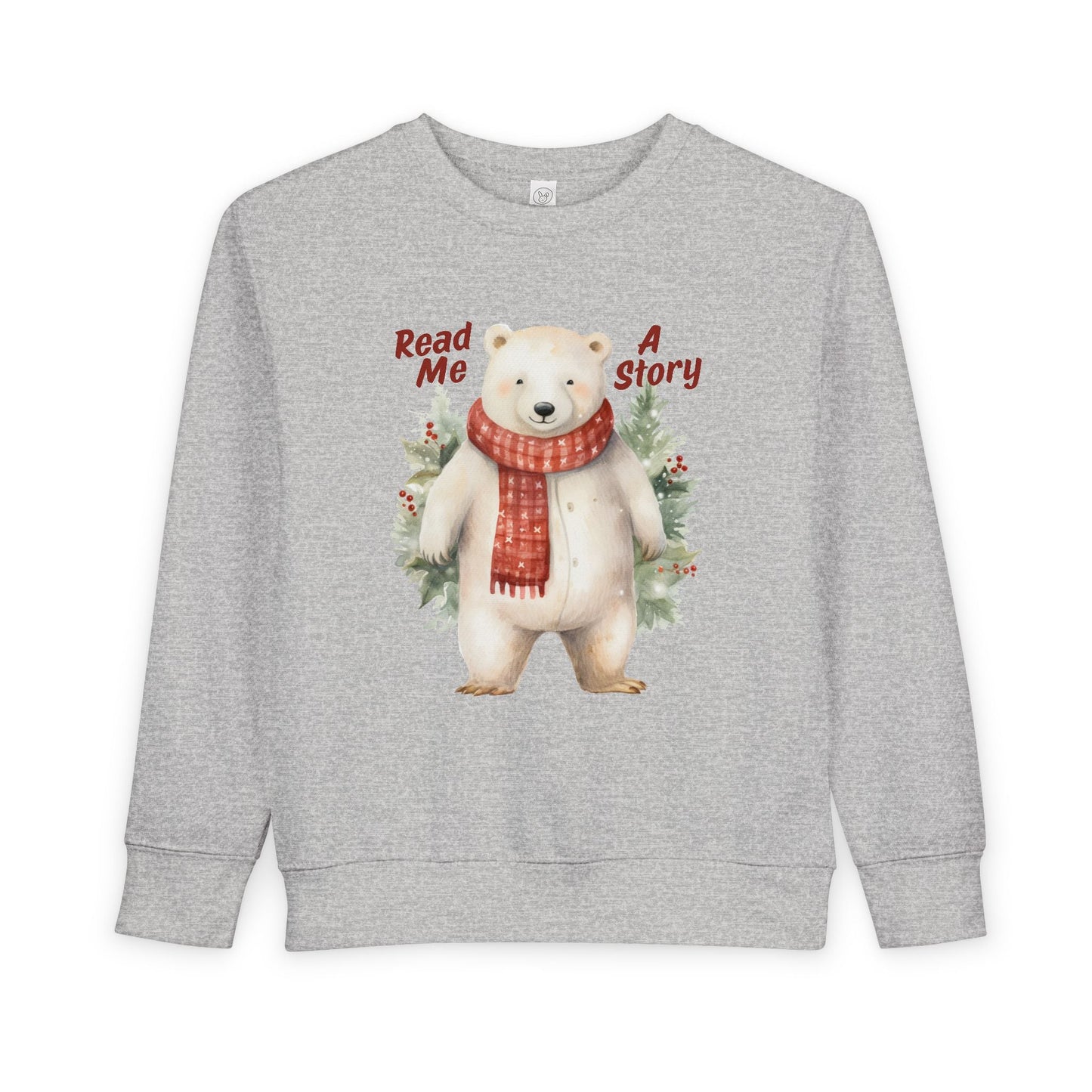 Gray toddler sweatshirt with a polar bear graphic and text 'Read Me A Story' on a white background