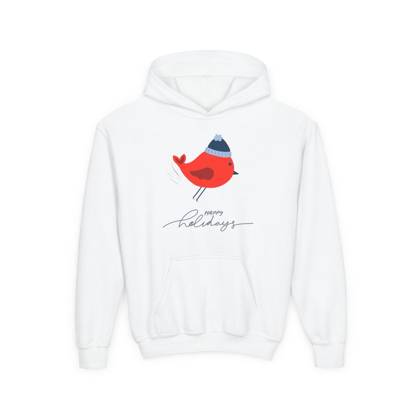 Youth Happy Holidays Hoodie â€“ Winter Red Bird Design Printify