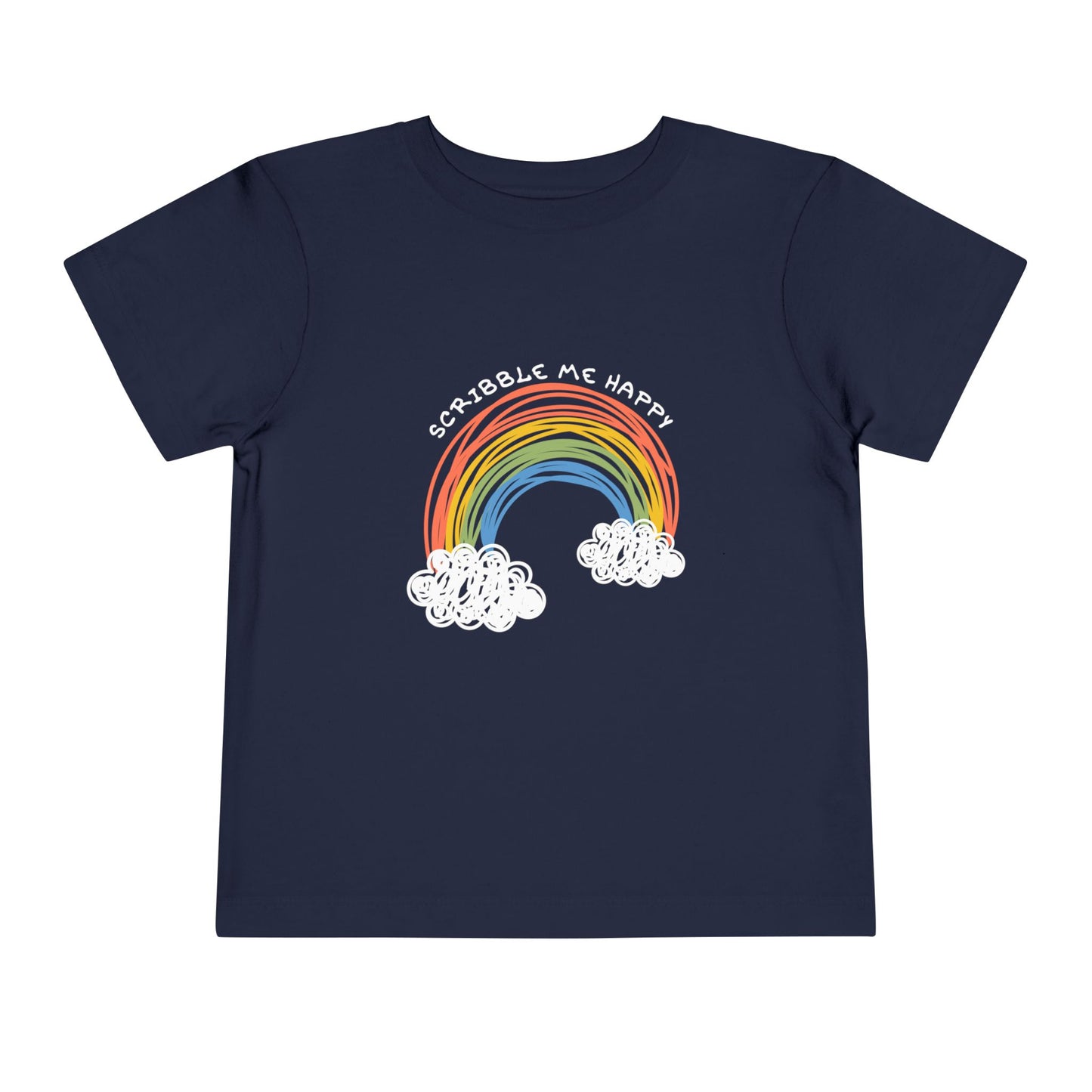 Navy blue toddler t-shirt with a child's coloring of a rainbow and cloud design, text 'scribble me happy'