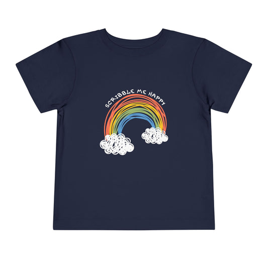 Navy blue toddler t-shirt with a child's coloring of a rainbow and cloud design, text 'scribble me happy'