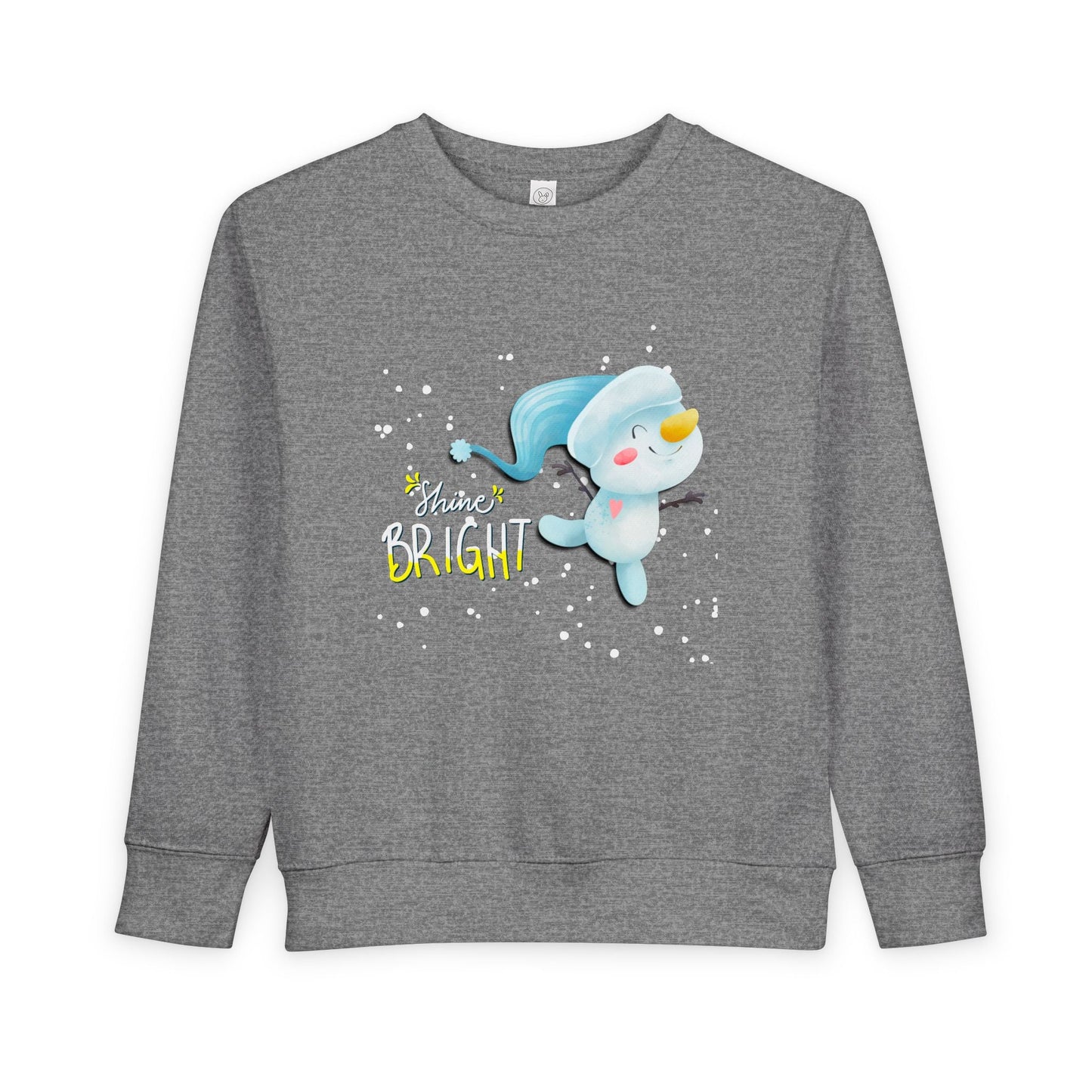 Gray toddler sweatshirt with a cartoon snowman dancing through the snow and 'Shine Bright' text on a white background