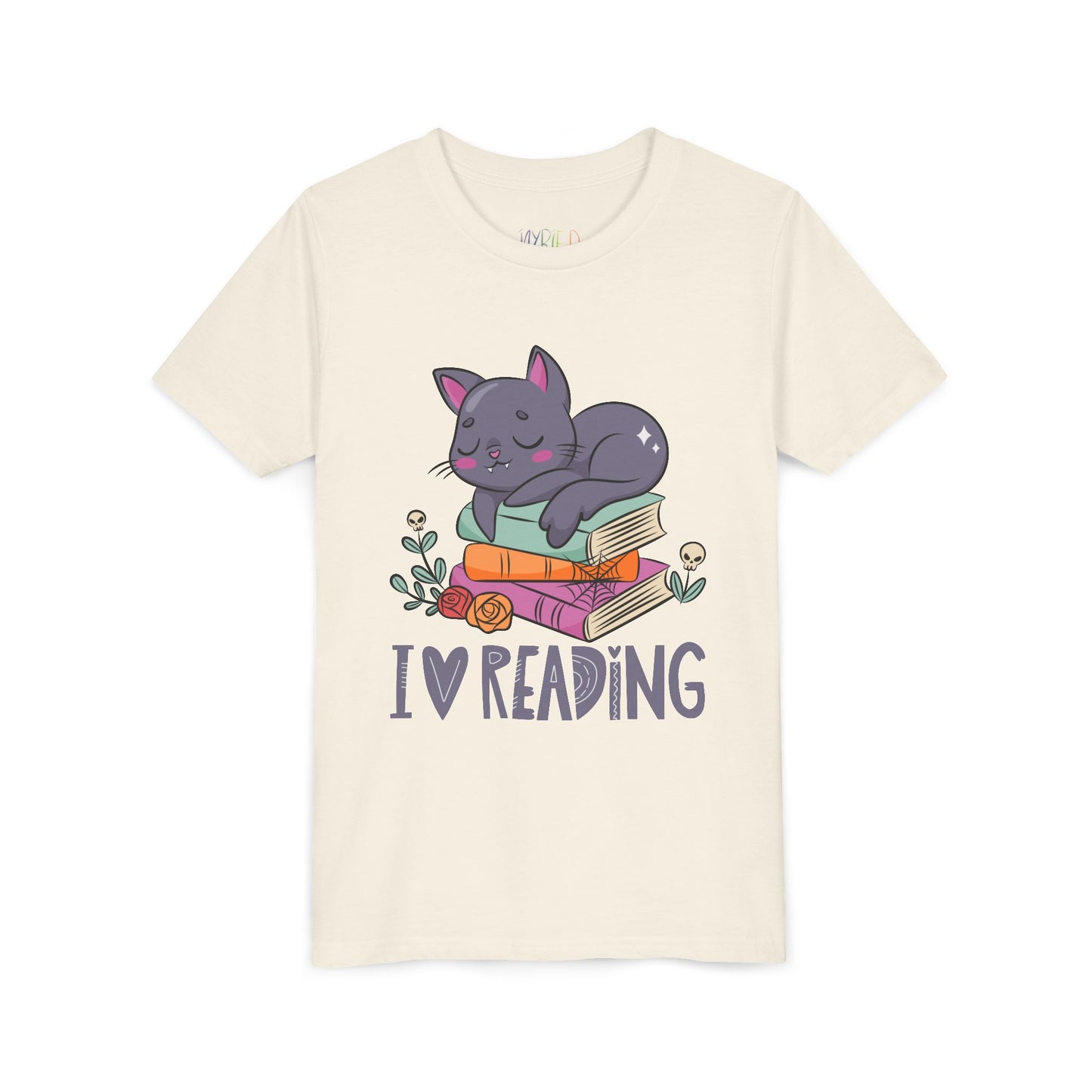 Beige t-shirt with a cat snoozing on a stack of books and 'I love reading' text 