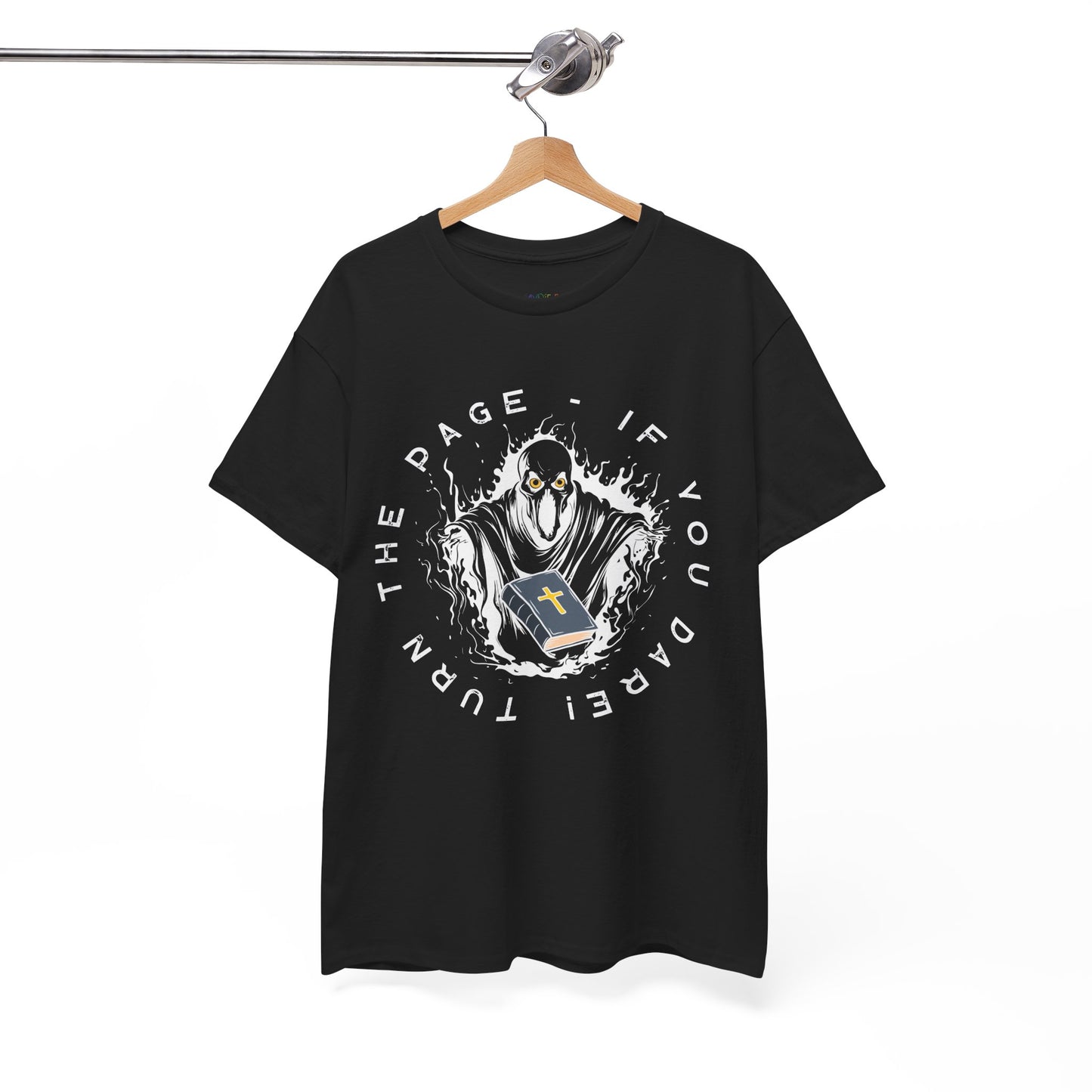 Black t-shirt with graphic design of a spirit with a religious book and text 'Turn The Page - If You Dare!' 